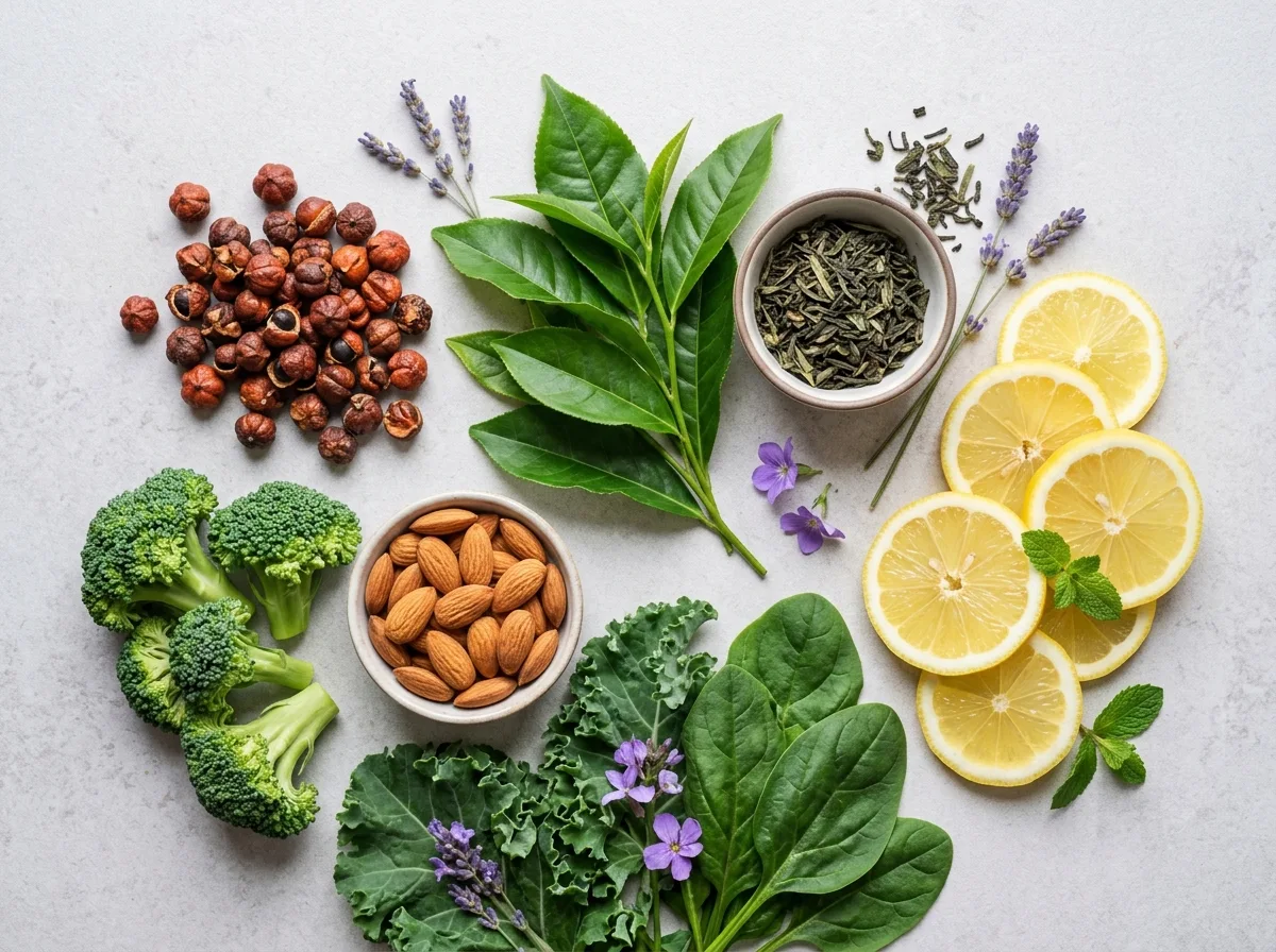 Plantaardige ingrediënten: groene thee, guarana, broccoli, amandelen en citroen voor vitamine C