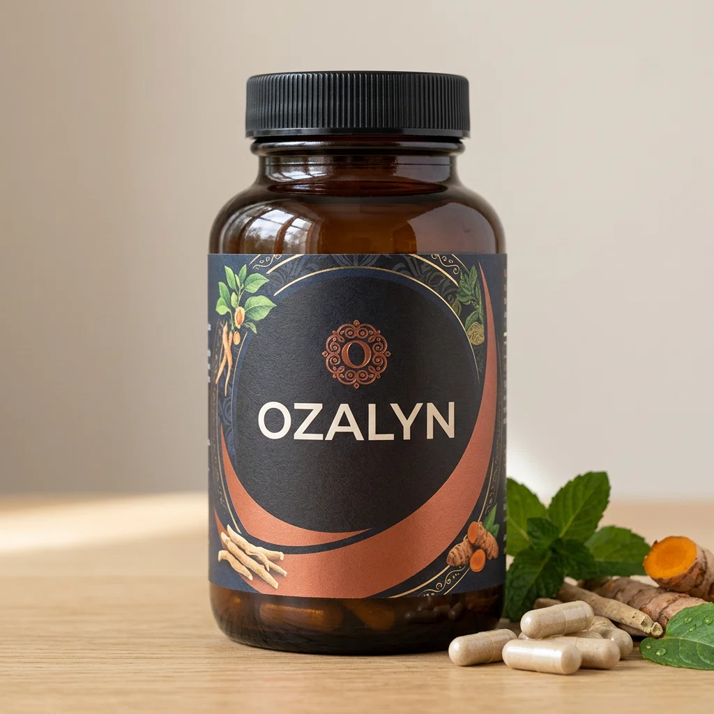 Ozalyn voedingssupplement flacon - slanke paarse glazen fles met botanisch etiket