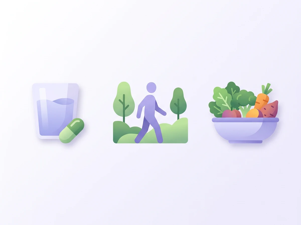 Dagelijkse welzijnsroutine illustratie: water met capsule, wandelen in natuur, verse groenten